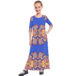 Yellow red shapes on a blue background                                                         Kids  Quarter Sleeve Maxi Dress