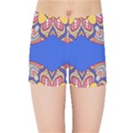 Yellow red shapes on a blue background                                                         Kids  Skinny Shorts