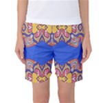 Yellow red shapes on a blue background                                                         Women s Basketball Shorts