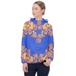 Yellow red shapes on a blue background                                                          Women Hooded Front Pocket Windbreaker