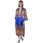 Yellow red shapes on a blue background                                                     Maxi Satin Kimono
