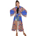 Yellow red shapes on a blue background                                                       Maxi Kimono