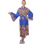 Yellow red shapes on a blue background                                                       Maxi Tie Front Velour Kimono