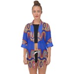 Yellow red shapes on a blue background                                                         Open Front Chiffon Kimono