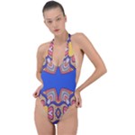 Yellow red shapes on a blue background                                                         Backless Halter One Piece Swimsuit