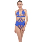 Yellow red shapes on a blue background                                                          Halter Front Plunge Swimsuit