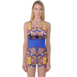 Yellow red shapes on a blue background                                                          Women s Boyleg One Piece Swimsuit