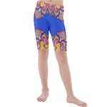 Yellow red shapes on a blue background                                                        Kids  Mid Length Swim Shorts