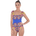 Yellow red shapes on a blue background                                                          Short Sleeve Leotard