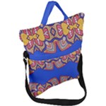 Yellow red shapes on a blue background                                                          Fold Over Handle Tote Bag
