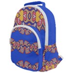 Yellow red shapes on a blue background                                                       Rounded Multi Pocket Backpack