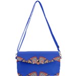 Yellow red shapes on a blue background                                                      Removable Strap Clutch Bag