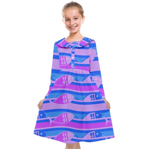Fish Texture Blue Violet Module Kids  Midi Sailor Dress from ArtsNow.com