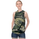Green Military Camouflage Pattern High Neck Satin Top
