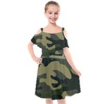 Green Military Camouflage Pattern Kids  Cut Out Shoulders Chiffon Dress