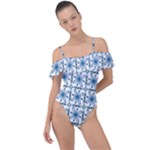 Blue floral pattern Frill Detail One Piece Swimsuit