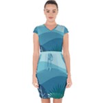 Illustration Of Palm Leaves Waves Mountain Hills Capsleeve Drawstring Dress 