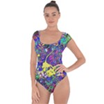 vibrant abstract floral/rainbow color Short Sleeve Leotard 
