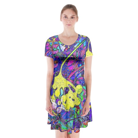 vibrant abstract floral/rainbow color Short Sleeve V