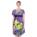 vibrant abstract floral/rainbow color Short Sleeve V-neck Flare Dress