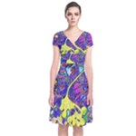 vibrant abstract floral/rainbow color Short Sleeve Front Wrap Dress