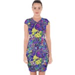 vibrant abstract floral/rainbow color Capsleeve Drawstring Dress 