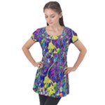 vibrant abstract floral/rainbow color Puff Sleeve Tunic Top