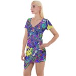 vibrant abstract floral/rainbow color Short Sleeve Asymmetric Mini Dress