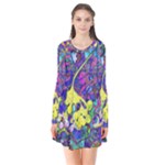 vibrant abstract floral/rainbow color Long Sleeve V-neck Flare Dress