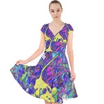 vibrant abstract floral/rainbow color Cap Sleeve Front Wrap Midi Dress
