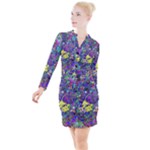 vibrant abstract floral/rainbow color Button Long Sleeve Dress