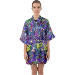 vibrant abstract floral/rainbow color Half Sleeve Satin Kimono 