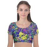 vibrant abstract floral/rainbow color Velvet Short Sleeve Crop Top 