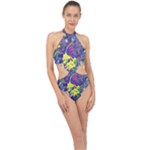 vibrant abstract floral/rainbow color Halter Side Cut Swimsuit