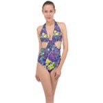 vibrant abstract floral/rainbow color Halter Front Plunge Swimsuit
