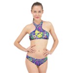 vibrant abstract floral/rainbow color High Neck Bikini Set