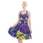 vibrant abstract floral/rainbow color Halter Party Swing Dress 