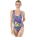 vibrant abstract floral/rainbow color High Leg Strappy Swimsuit