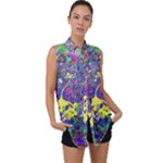 vibrant abstract floral/rainbow color Sleeveless Chiffon Button Shirt