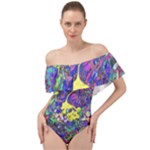 vibrant abstract floral/rainbow color Off Shoulder Velour Bodysuit 