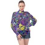vibrant abstract floral/rainbow color High Neck Long Sleeve Chiffon Top