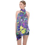 vibrant abstract floral/rainbow color Halter Asymmetric Satin Top