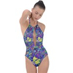 vibrant abstract floral/rainbow color Plunge Cut Halter Swimsuit