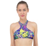 vibrant abstract floral/rainbow color High Neck Bikini Top