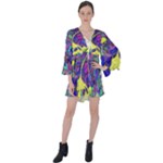vibrant abstract floral/rainbow color V-Neck Flare Sleeve Mini Dress