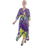 vibrant abstract floral/rainbow color Quarter Sleeve Wrap Front Maxi Dress