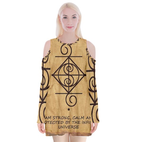 I Am Strong, Calm  And Protected By The Infinite Universe Velvet Long Sleeve Shoulder Cutout Dress from ArtsNow.com