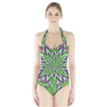 Purple Green White Marijuana Leaves CBDOilPrincess 726130cb-4fcc-4da8-acfb-52b94836ba03 Halter Swimsuit