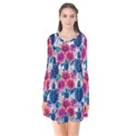 Tropical Flowers Turtles CBDOilPrincess Edf1ea6f-2cc5-4f0b-a5cc-9c146c7d79e4 Long Sleeve V-neck Flare Dress