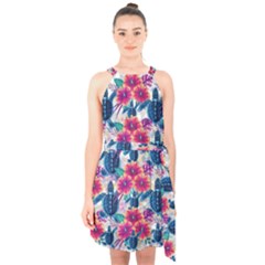 Halter Collar Waist Tie Chiffon Dress 